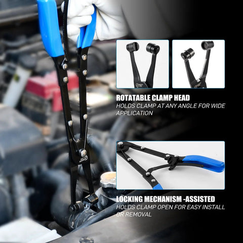 Three Piece Hose Clamp Pliers Set With Locking Assist Featuring 45 Degree 90 Degree And Straight Heads Rotatable Clamp Jaw Professional Hose Clamp Tool For 1.1 To 2.3 Inch Hose Clamps Designed For One Person Installation And Removal in use with rotatable clamp head and locking mechanism visible.