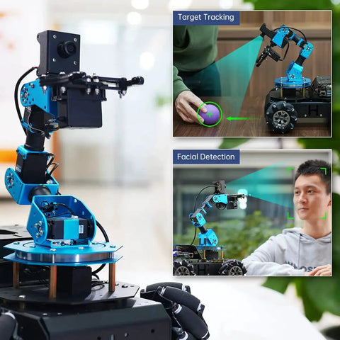 DIY 6DOF Robotic Arm Car Kit With Raspberry Pi 5 8GB AI Vision 4WD Mecanum Wheel Chassis ArmPi Pro shown tracking and detecting.