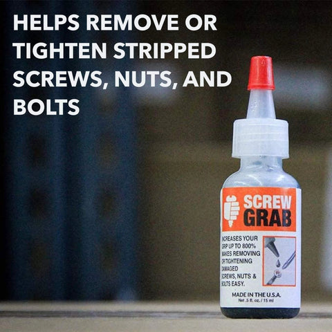 Liquid Paste Screw Grab For Stripped Screws Quick Dry Anti Seize Compound Delivers Up To Eight Hundred Percent Positive Grip Eases Stripped Screw Extraction With A Handy Screw Extractor Bottle For Home Improvement Projects; bottle on table.