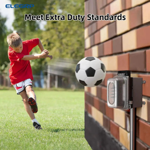 Outdoor GFCI Outlet Kit With Weatherproof In Use Cover And Metal Box in action against soccer ball impact