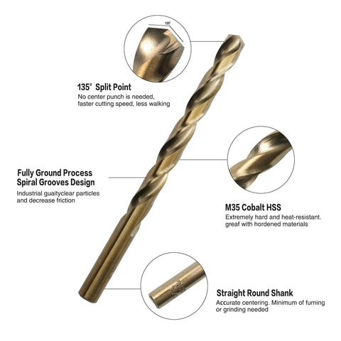 Heavy Duty 1/8 Inch Cobalt Drill Bits Set M35 HSS 135 Degree Tip Jobber Length Twist Drill Bit Kit For Hard Metal