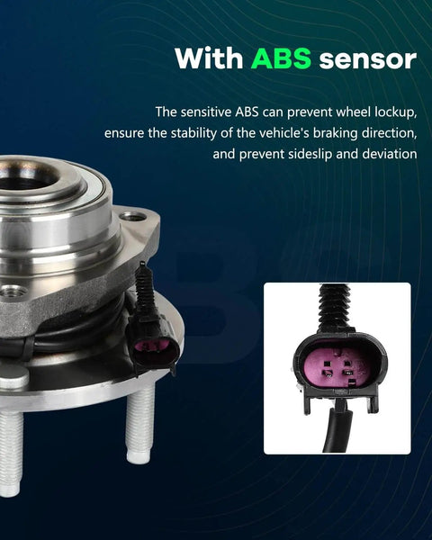 Front Hub Assembly with Wheel Bearing Replaces OE513188, 6-lug design, close-up of ABS sensor, for Trailblazer, Envoy, Ascender.