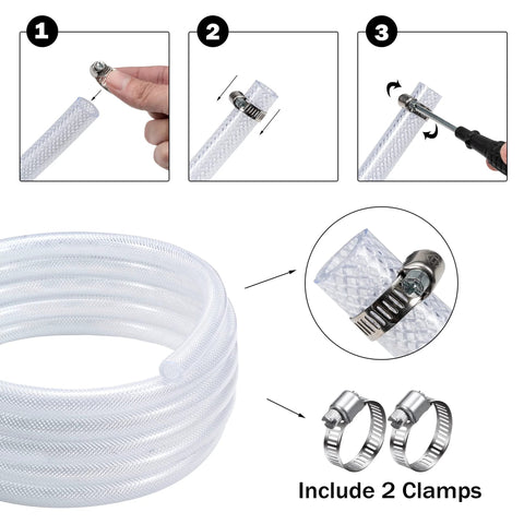 DAVCO 1-in ID clear braided PVC tubing, 25 ft, heavy-duty with 2 stainless clamps