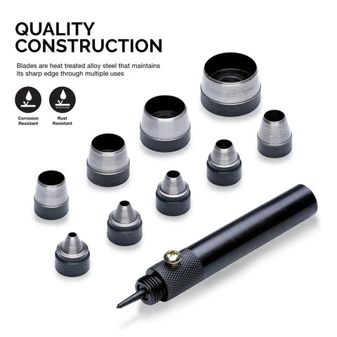 Interchangeable Large Hollow Hole Punch Tool Set, 10 Piece for Gasket Making and Leather Punching, displaying steel punches and handle