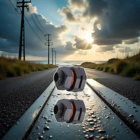 2-Pack IP68 Industrial Breather Vent M12x1.5 Pressure Equalization Valve shown on a reflective surface outdoors