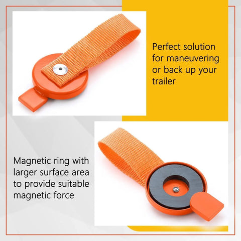 Boat trailer surge brake lockout key with orange round head, fabric strap, and metal fastener.
Close-up of orange magnetic lockout disk with fabric strap for boat trailers.