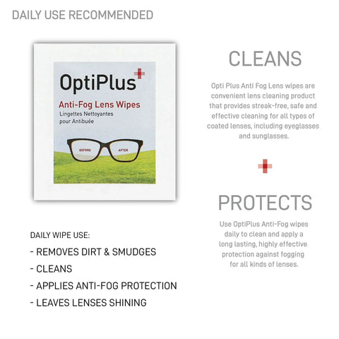 Packaging of OptiPlus Anti Fog Lens Wipes showing daily use instructions for glasses and screens, emphasizing clean and protect features.