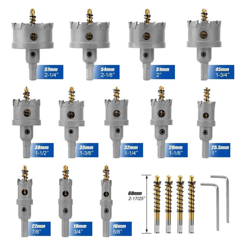 Carbide Hole Saw Kit For Metal 16 Pcs TCT Heavy Duty Hole Cutter Set 5/8 to 2-1/4 Inch with bits and wrenches