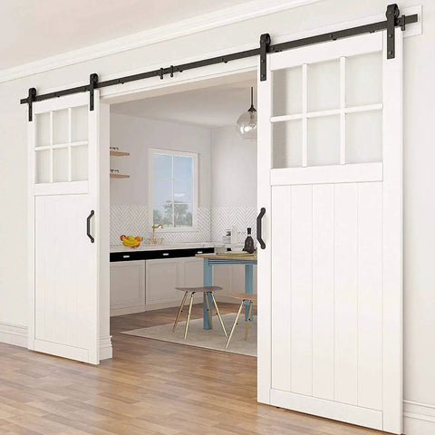 Sliding Barn Door Hardware Connecting Adaptor Set Of 2 3.15 Inch Metal Joining Plate Repair Fastener Carbon Steel Matte Black Heavy Duty Track Connector For Indoor And Outdoor Use 1 Inch Wide Flat Brace Splice Piece in use for white barn doors in modern kitchen.