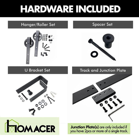 Components of Black Rustic Double Track U Shape Bypass Sliding Barn Door Hardware Kit, including rollers, spacers, and junction plates.