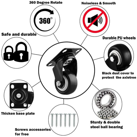 Heavy Duty One And A Half Inch Caster Wheels Set Of Eight No Brake PU Wheels Double Ball Bearing Swivel Casters diagram and features
