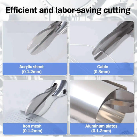 Close-up of metal shear cutting various materials like acrylic sheet, cable, iron mesh, and aluminum plates, showcasing versatility