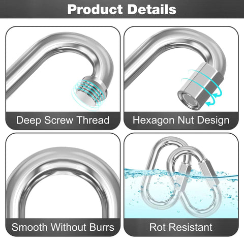 M6 Quick Links Chain Connectors 50 Pack 2.3 Inch Long Quarter Inch Thick Galvanized Heat Treated Steel Locking Carabiners Weatherproof Rust Resistant details of design features