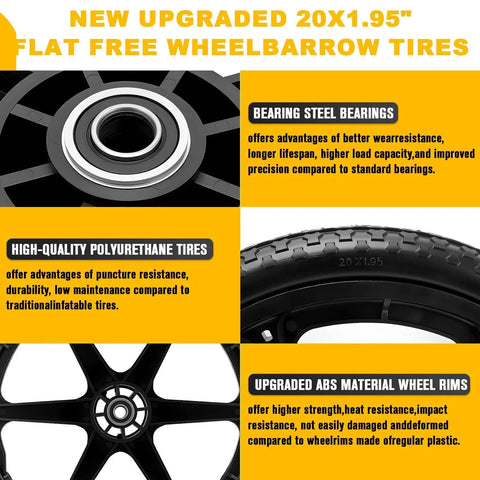 20 Inch Flat Free Wheel Set For Wheelbarrows, Heavy Duty 600Lb Capacity, Direct Replacement For 20 Inch Cart Wheels