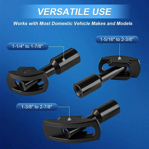 Rear Axle Bearing Puller Tool Kit With Slide Hammer Set featuring three adapters for various sizes, black alloy steel on blue background.