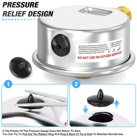 Liquid Filled Pressure Gauge With Reset Pointer 0 To 160 Psi Two And A Half Inch Dial Lower Mount 1 Quarter Inch NPT Stainless Steel WOG Water Oil Air Industrial Grade Includes NPT Adapters pressure relief design close-up