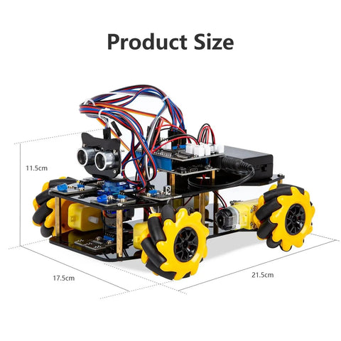 Smart Robot Car Kit For Arduino And ESP32 Controllers, beginner-friendly, STEM project image showing size dimensions on white background.