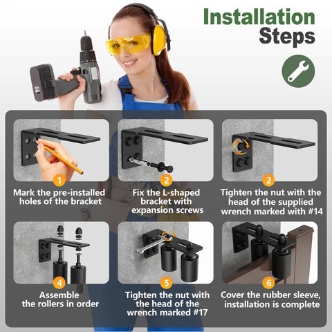 Installation steps for Adjustable Sliding Gate Roller Hardware Kit with Heavy Duty Steel Wall Mount Bracket and Nylon Roller Guide.