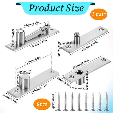 Heavy Duty Hidden Pivot Hinge For Wood Doors Stainless Steel With 360 Degree Rotation and screws, product dimensions shown