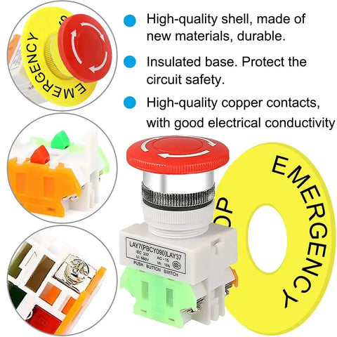 4 Pack Latching Emergency Stop Push Button Switch Kit 22mm Panel Mount Red Mushroom Cap 1NO 1NC DPST IP55 600V 10A