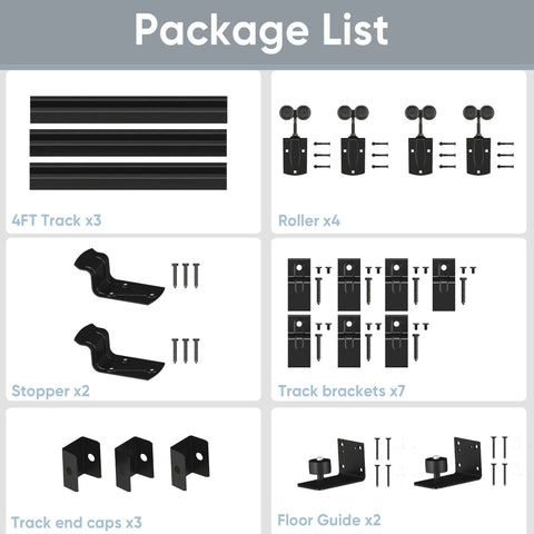 Package contents of 12 Ft Box Rail Exterior Barn Door Hardware Kit For Two Doors with tracks, rollers, brackets, and guides.