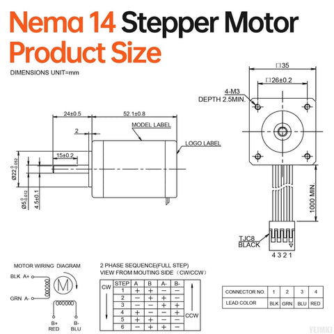 Diagram showing Nema 14 Stepper Motor 2 Phase 1.8 Degree High Torque Bipolar with dimensions, wiring, and shaft details for 3D printer DIY robotics.