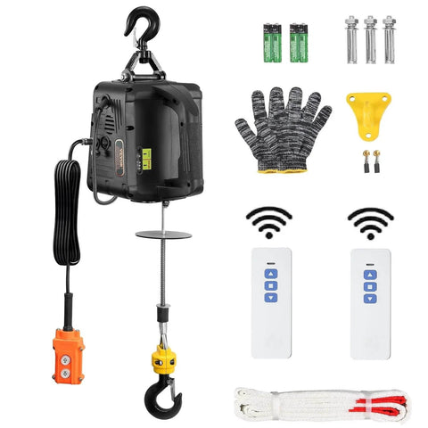 3 In 1 Electric Hoist Winch 1100 Lb Capacity 1500W Portable Crane With Wired And Wireless Remote, accessories shown