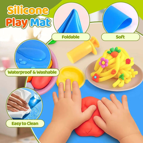 Kids Dough Play Tools Set 22 Piece with Storage Box Silicone Mat Rolling Pins Safety Scissors Mini Knife 3D Dino and Animal Molds Creative Play for Toddlers and Kids Great Gift for Boys and Girls