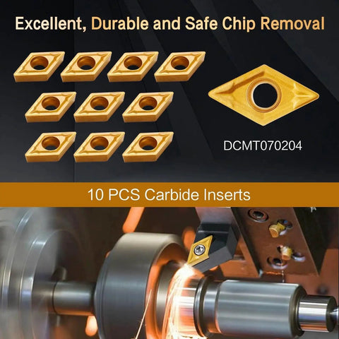 Indexable Lathe Turning Tool Set 14 Pcs Kit With Half Inch Shank Includes Four Metal Tool Holders And Ten Carbide Inserts For Turning Boring Grooving Cutting And Threading Precision Machining Pro Grade; ten carbide inserts and turning operation.