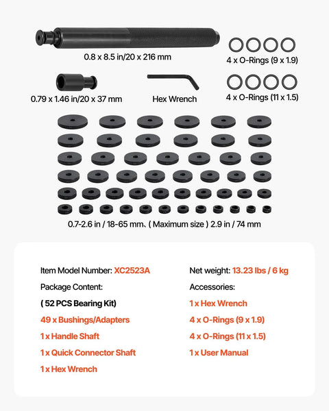 Bearing Press Kit With 52 Piece Bearing Race And Seal Driver Set laid out with various bushings and handle for automotive use