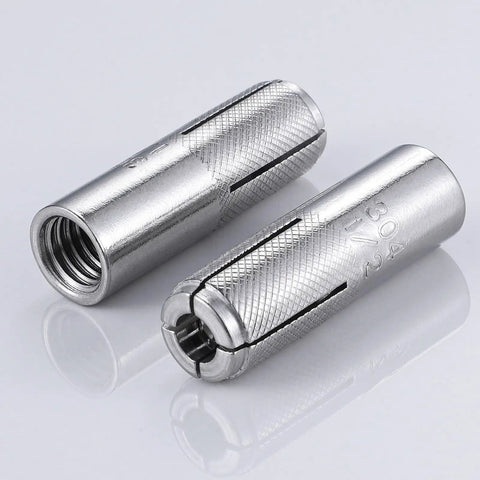 Twenty Pack Premium Stainless Steel Knurled Drop In Anchors For Solid Concrete Three Eighths Inch Sixteen Thread Internal Forced Expansion Screws Built For Quick Secure Mounting And Heavy Duty Fixes