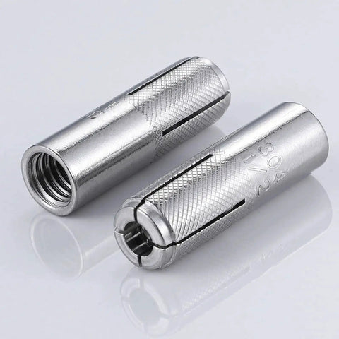 20 Pack One Quarter Inch Premium Stainless Steel Knurled Drop-In Anchors For Solid Concrete Internal Forced Expansion Heavy Duty Concrete Fasteners Easy Install Rust Resistant, showing close-up of two steel anchors with knurled texture.