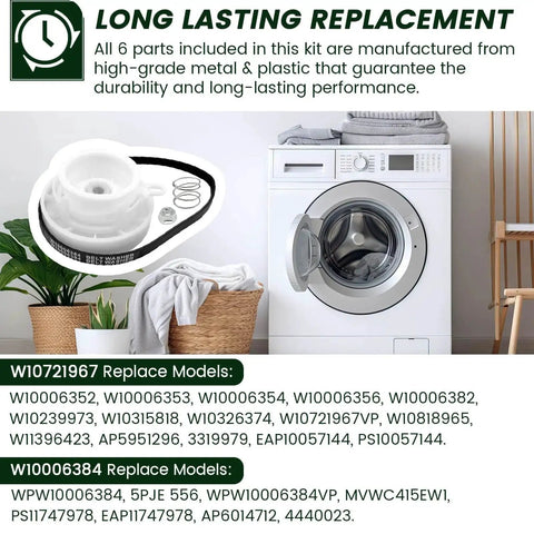 VERCCA washer pulley clutch kit and drive belt; includes six parts; compatible with Whirlpool/Kenmore/Maytag washers.
