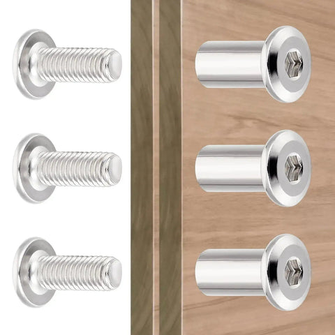 50 Piece M6 Furniture Bolt And Nut Kit with silver hex drive nuts on wooden surface for DIY home projects