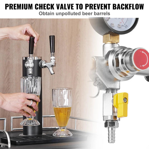 VEVOR double-gauge CO2 regulator for draft beer, 0–60 PSI, brass fittings with yellow shutoff lever for homebrew system
