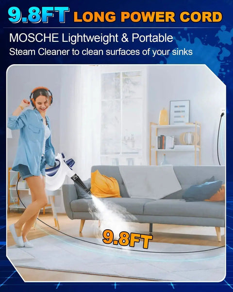 Woman using Powerful Handheld Pressurized Steam Cleaner With 11-Piece Accessory Kit For Multi-Surface Cleaning, long cord