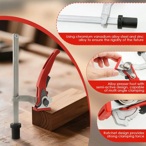 Two Piece Holdfast Dog Hole Clamps Set with Adjustable Range and Multi Angle Ratcheting Table Clamp for Woodworking Tools