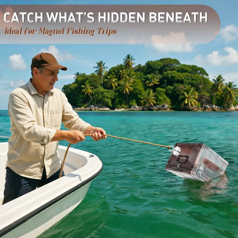 Man using Neodymium Fishing Magnet With 150 Lbs Pulling Power And Lifting Eye Bolt For Retrieval In Lakes And Beaches on a boat