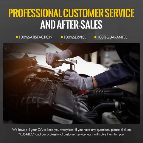Mechanic using a wrench on car engine for maintenance, with text on professional customer service and after-sales support.