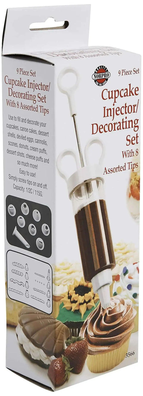 Box of Cupcake Injector And Decorating Icing Kit, Nine Piece Stainless Steel Set With Multicolor Tips, holds half cup filling.