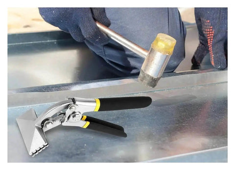 Sheet Metal Bending Pliers Pro Grade Durable with Ergonomic Handle beside metal sheet during construction work