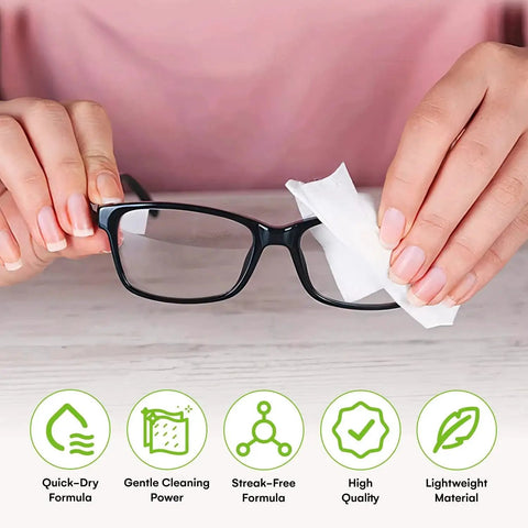 Person using Individually Wrapped Lens Wipes 210 Count Glasses Sunglasses And Camera Lenses to clean eyeglasses