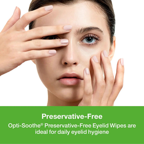 Model holding face showing use of Preservative-Free Eyelid Wipes For Daily Hygiene With Tea Tree Oil Hyaluronic