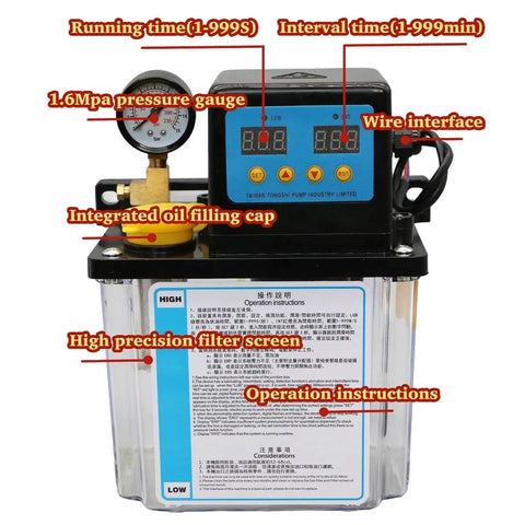 Front view of 2L CNC Lubrication Pump System for Lathe Machines, with pressure gauge and control panel, Dual Voltage AC220V AC110V