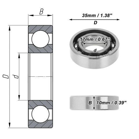 Technical diagram and dimensions of Deep Groove Ball Bearings 17x35x10mm Pre Lubricated Open Type