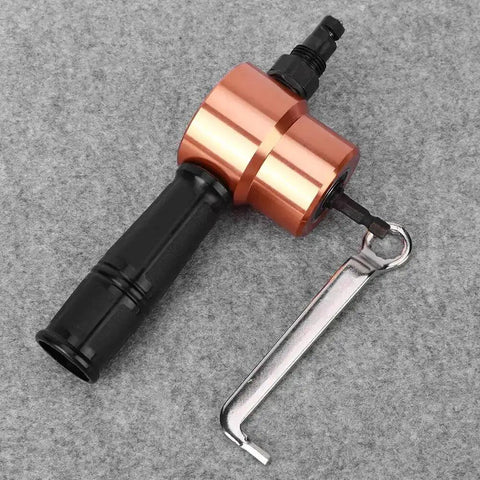 Double Headed Metal Nibbler Drill Attachment for sheet metal cutting with ergonomic grip and wrench on gray background