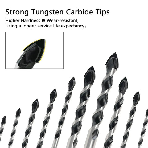 Industrial Grade Masonry Drill Bit Set For Brick Tile Cement Concrete, 10 Piece, One Eighth To One Half Inch, Tungsten Carbide Tips