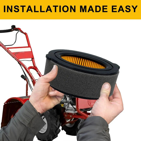 Panari air filter with yellow pleated element and black foam housing, held by hands with a red lawn tractor in background.