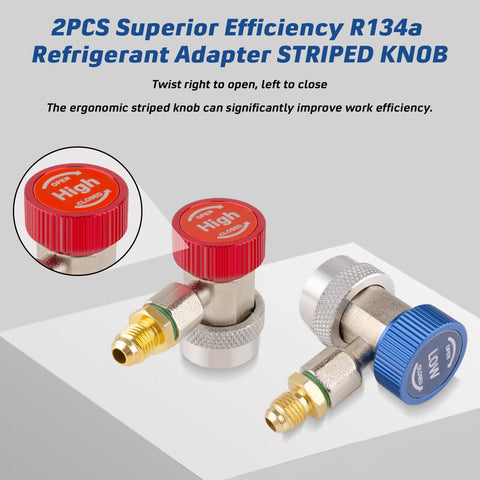 Automotive A/C R134a refrigerant adapter set, 2-piece with red high/close knob and blue low/open knob, brass fittings