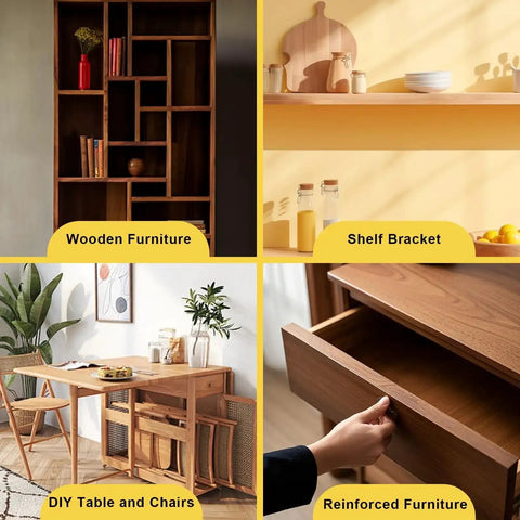 Collage of wooden furniture, shelf bracket, DIY table and chairs, and reinforced furniture close-up.
